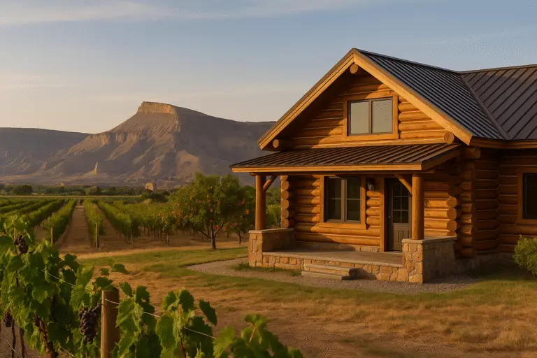 Log cabin among Palisade vineyards with Mt. Garfield at golden hour