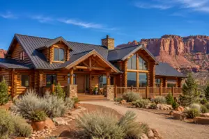 Restored log home in Spanish Valley, Utah with red rock cliffs, desert landscaping, and freshly stained exterior logs.