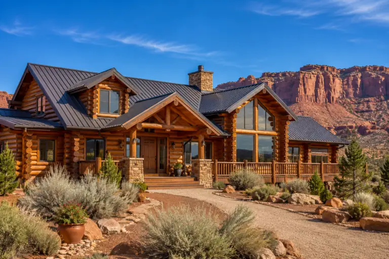 Restored log home in Spanish Valley, Utah with red rock cliffs, desert landscaping, and freshly stained exterior logs.