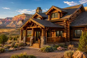 Beautifully restored log home near Thompson Springs, Utah, with high-desert cliffs and sagebrush landscape at golden hour.
