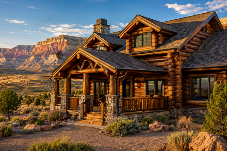 Beautifully restored log home near Thompson Springs, Utah, with high-desert cliffs and sagebrush landscape at golden hour.