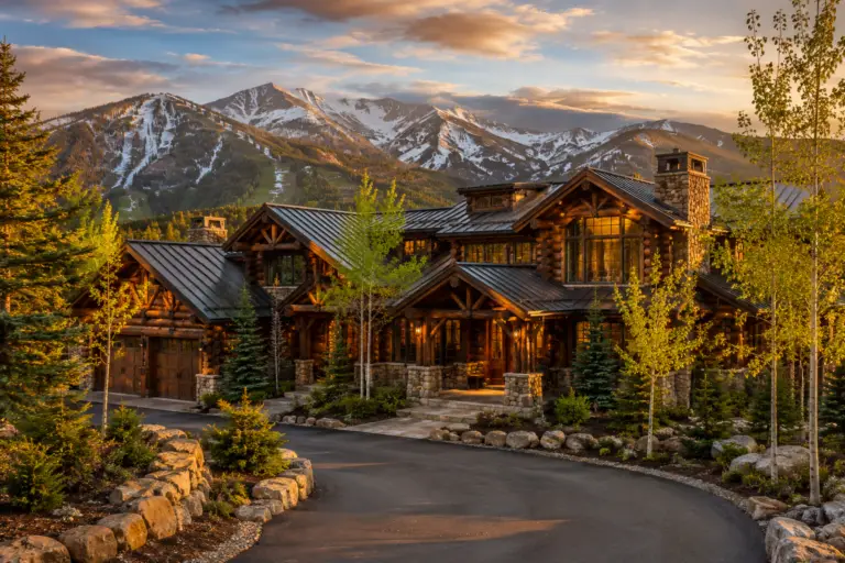 Beautifully restored luxury log home in Vail, CO at golden hour with stone accents, rich wood finishes, evergreens, aspens, and snow-dusted mountain views