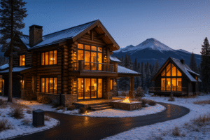Luxury log lodge and modern A-frame at dusk with light snow, Byers Peak in background, Winter Park, CO.
