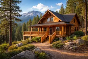 Well-maintained log cabin in Woodland Park, Colorado with wraparound deck, pine trees and Pikes Peak in the background