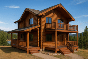 Nederland CO log cabin with fresh stain, sealed checks, and deck railings in alpine foothills