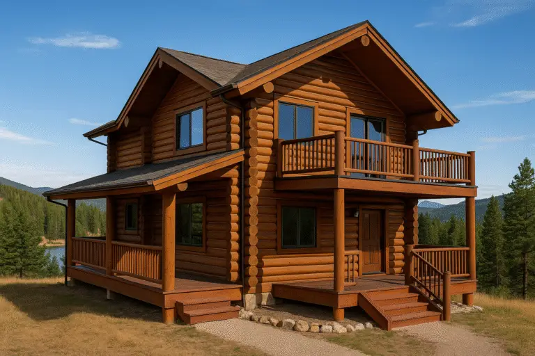 Nederland CO log cabin with fresh stain, sealed checks, and deck railings in alpine foothills