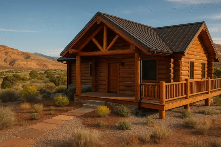 Log home in Gypsum, CO with round lodgepole pine, dark bronze roof, gravel drip line, and high-desert landscape.