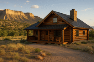 Log home in Rifle, CO with warm stain, tight chinking, dark metal roof, and Book Cliffs mesas at golden hour
