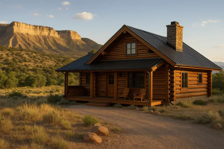 Log home in Rifle, CO with warm stain, tight chinking, dark metal roof, and Book Cliffs mesas at golden hour
