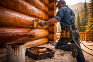 Pencil Log Pros technician applying stain to a log wall—log home staining near me service showcasing fresh, even exterior log stain protection.