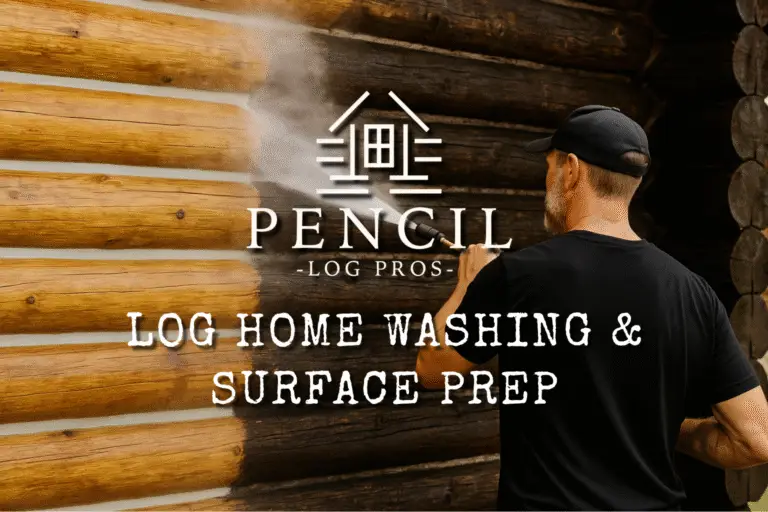 Services Log Home Washing & Surface Prep - Professional pressure washing a log home exterior, removing dirt and discoloration to reveal clean wood surface beneath mist and spray.