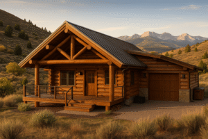 Log cabin in Eagle, CO with hand-peeled logs, chinking, bronze roof, and Vail Valley peaks at golden hour