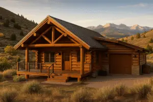 Log cabin in Eagle, CO with hand-peeled logs, chinking, bronze roof, and Vail Valley peaks at golden hour
