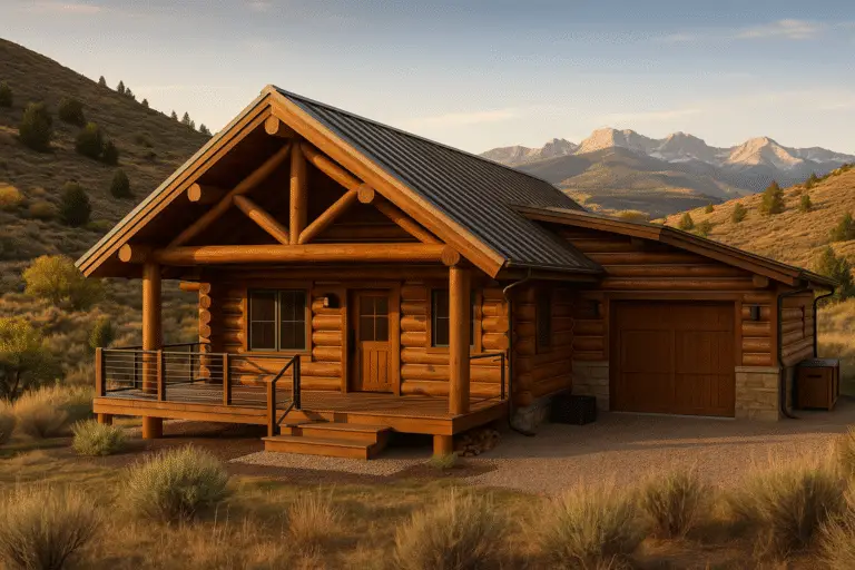 Log cabin in Eagle, CO with hand-peeled logs, chinking, bronze roof, and Vail Valley peaks at golden hour