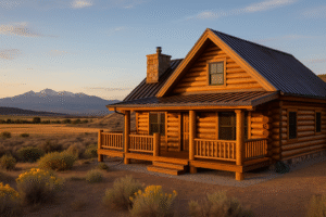 Log home at golden hour in Montrose, CO with San Juan Mountains and high-desert landscaping.