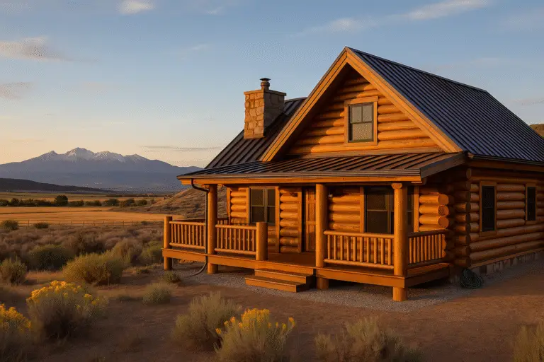 Log home at golden hour in Montrose, CO with San Juan Mountains and high-desert landscaping.