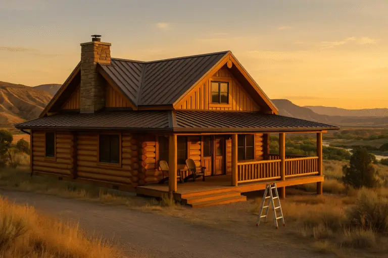 Log home in New Castle, CO with honey-brown logs and metal roof at golden hour above the Colorado River corridor.