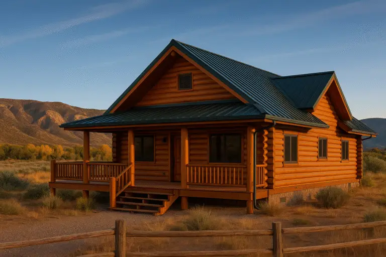 Silt, CO log home with chinked round logs and dark metal roof at golden hour