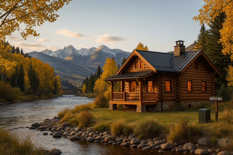 Log cabin on the Eagle River at golden hour in Minturn, CO with aspens and snow-capped peaks
