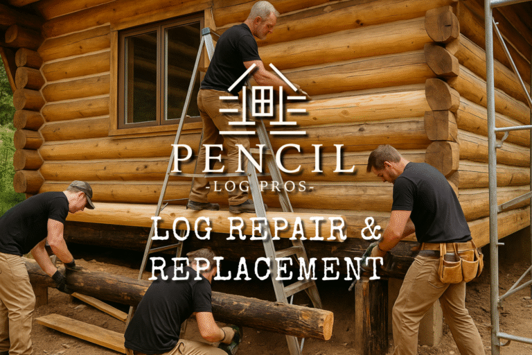 Log Repair & Replacement - Professional crew repairing and replacing damaged logs on a mountain cabin, ensuring structural integrity and seamless restoration.