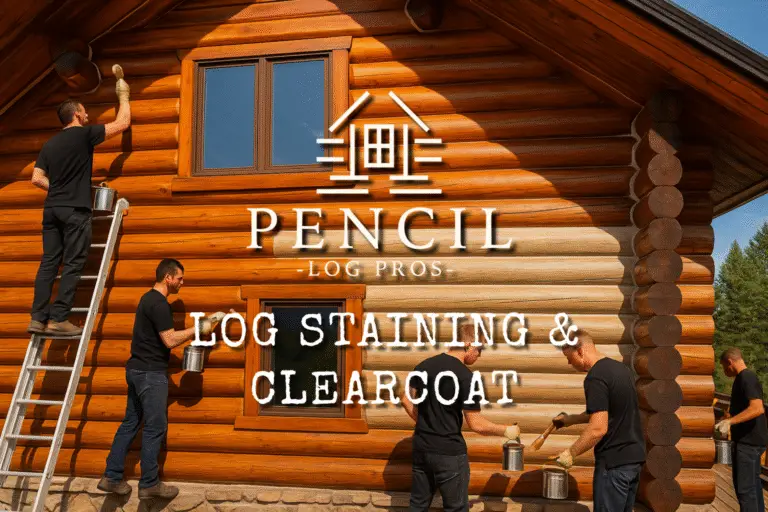 Services Log Staining & Clearcoat - Professional crew staining and sealing exterior of luxury log home with brushes and ladders, enhancing rich wood color and protection.