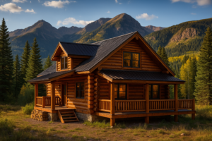 Well-maintained log home in Rico, Colorado with San Juan Mountains in the background at sunset