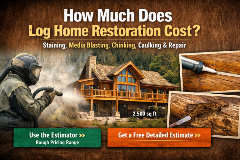 Log home restoration cost featured image showing staining, media blasting, chinking, caulking, and log repair with links to the Pencil Log Pros estimator and free estimate.