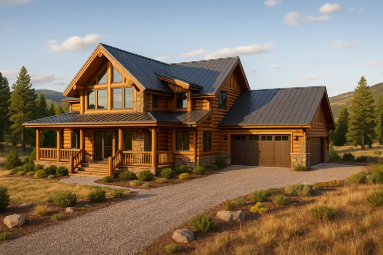 High-end log home in Powderhorn, CO with fresh stain and attached garage in the Colorado high country.