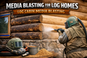 Media blasting for log homes showing log cabin media blasting to remove old stain and reveal clean wood on a Colorado log cabin exterior.