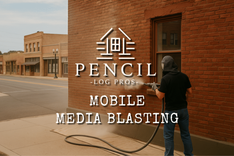 Professional using mobile media blasting equipment to remove paint from a brick building in a small Colorado town.