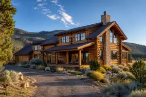 Beautifully restored high-end log home near Monticello, Utah, with rich natural wood logs, stone chimney, covered porch, gravel drive, native landscaping, and Abajo Mountain scenery.