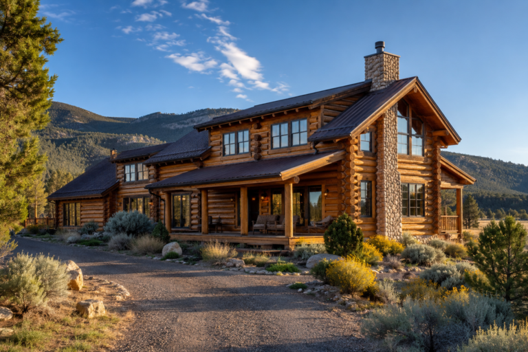 Beautifully restored high-end log home near Monticello, Utah, with rich natural wood logs, stone chimney, covered porch, gravel drive, native landscaping, and Abajo Mountain scenery.