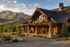 Fully restored mountain log home at golden hour, representing the national log home restoration companies compared in this guide