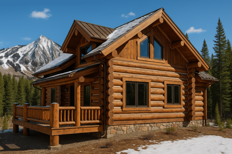 High-country log home in Mt. Crested Butte with chinking, end-grain caps, and Crested Butte peak in the background.