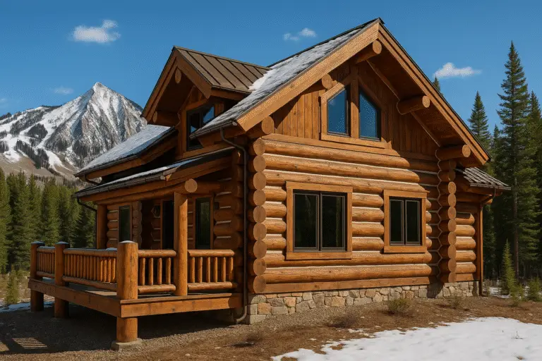 High-country log home in Mt. Crested Butte with chinking, end-grain caps, and Crested Butte peak in the background.