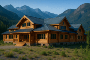 Large round-log home at golden hour near Ouray, CO with dark metal roof, warm stain, and clean concave chinking—Pencil Log Pros log home restoration.