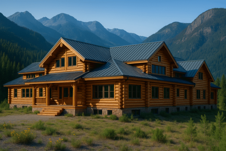 Large round-log home at golden hour near Ouray, CO with dark metal roof, warm stain, and clean concave chinking—Pencil Log Pros log home restoration.