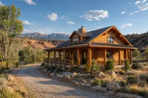 Beautifully restored high-end log home in Pack Creek, Utah, featuring warm refinished logs, clean chinking, a covered porch, gravel drive, red-rock terrain, cottonwood trees, and the La Sal Mountains in the distance.