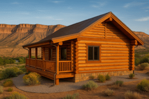 Log home in Parachute, Colorado with Battlement Mesa cliffs at golden hour, freshly stained logs and metal roof.