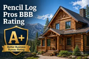 Pencil Log Pros A+ BBB Rating featured image showing a professionally restored luxury log home in a Colorado mountain setting.