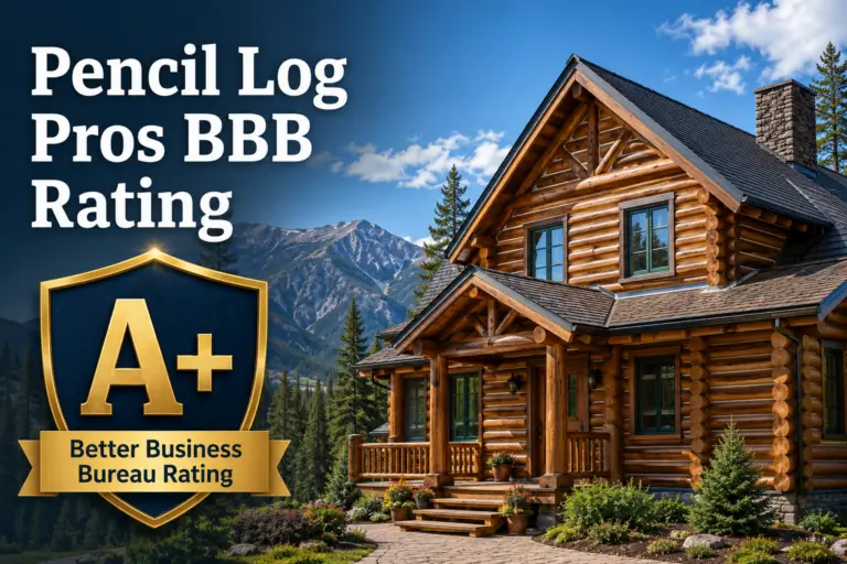 Pencil Log Pros A+ BBB Rating featured image showing a professionally restored luxury log home in a Colorado mountain setting.