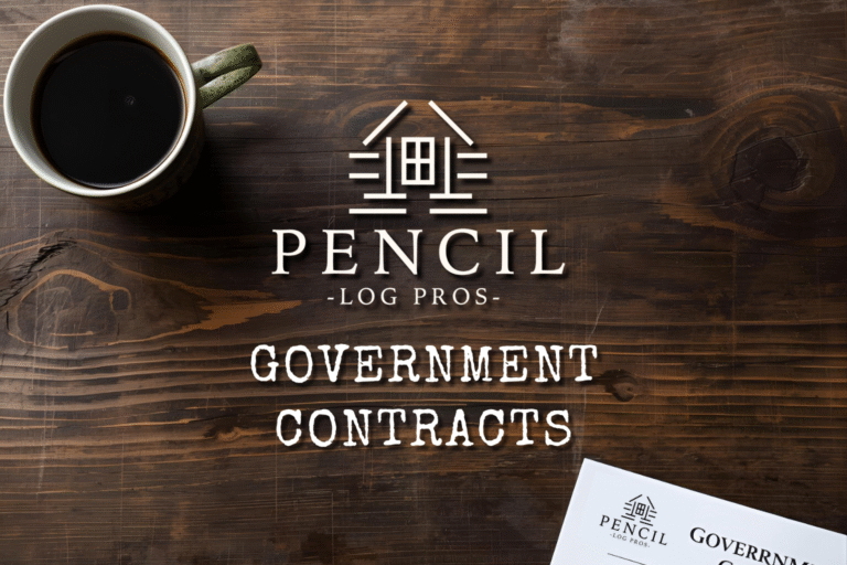 Government contracts flat lay with checklist for SAM, UEI, NAICS, IDIQ, BPA and log-building blueprints