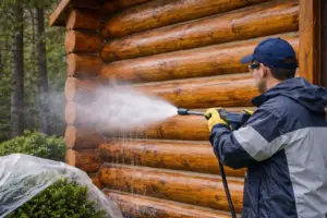 Pressure washing a log home using a wide fan spray to clean logs safely and protect chinking during log home pressure washing (power washing log home).