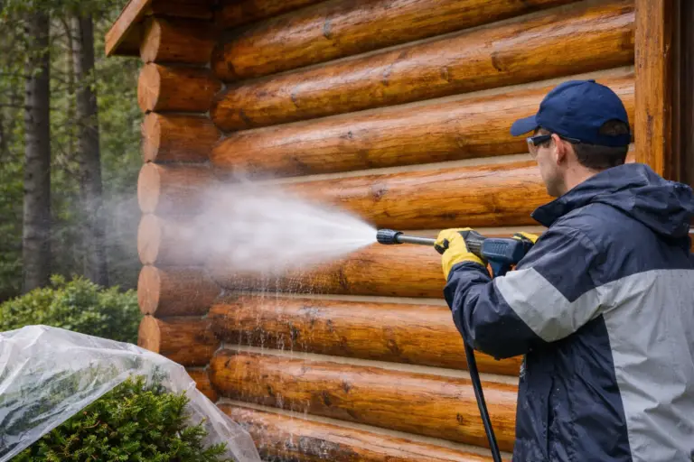 Pressure washing a log home using a wide fan spray to clean logs safely and protect chinking during log home pressure washing (power washing log home).