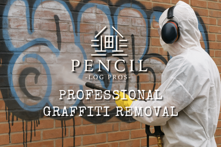 Technician removing graffiti with pressure washer and cleaning solution, restoring a clean surface with professional graffiti removal equipment.