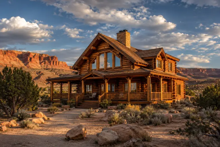 Beautifully restored luxury log home near Cisco, Utah, with rich brown stained logs, clean chinking, covered porch, stone chimney, and red rock mesas in the eastern Utah desert.