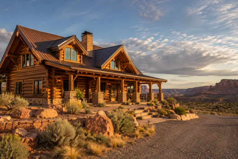 Beautifully restored high-end log home with rich wood finish, clean chinking, covered porch, stone landscaping, sagebrush, and red-rock canyon terrain near Green River, Utah.