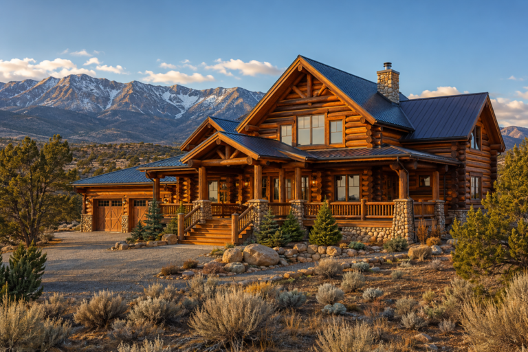 Beautifully restored luxury log home with a metal roof and stone accents near the La Sal Mountains in Utah