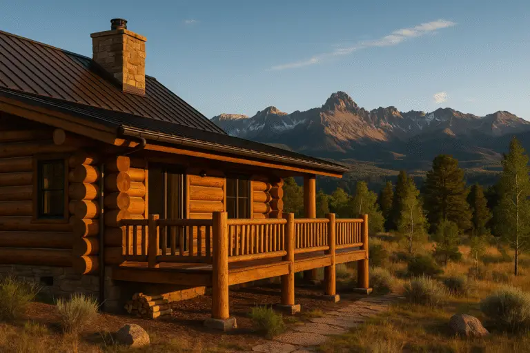 Log home in Ridgway, Colorado with bronze metal roof, chinking, and San Juan Mountain peaks in the background at golden hour, representing Pencil Log Pros log home restoration services.