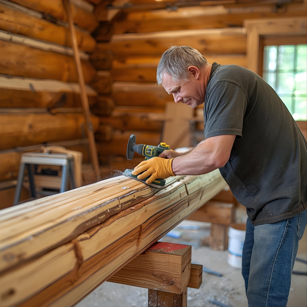 Finish sanding a log wall to create a uniform surface profile for even stain absorption during log cabin restoration